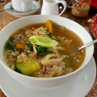 Lemongrass mushroom khmer soup with brown rice at Peace Cafe in Siem Reap