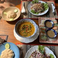 After cooking class: fresh spring rolls, papaya salad, amok curry at Peace Cafe in Siem Reap
