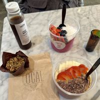 Pink Bowl, PB & Açaí Bowl, Power Muffin, and Cold Brew    at The Local Juicery + Kitchen in Chattanooga