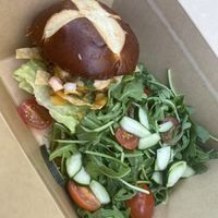 Queso burger with side saladd  at SoBe Vegan in Fort Lauderdale