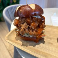 Crispy mushroom sandwich on pretzel roll    at SoBe Vegan in Fort Lauderdale