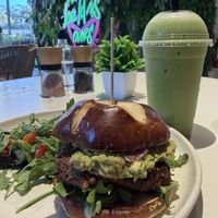 SoBe V burger with Go Green juicee  at SoBe Vegan in Fort Lauderdale