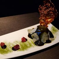 Vanilla ice cream and grean tea mochi rice cake dessert at Vegan Ramen UZU Kyoto in Kyoto