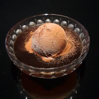 Chocolate ice cream with syrup at Vegan Ramen UZU Kyoto in Kyoto