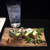 Pressed sushi and gin & soda at Vegan Ramen UZU Kyoto in Kyoto