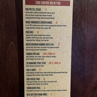 Tavern menu  at Zion Brewery in Springdale