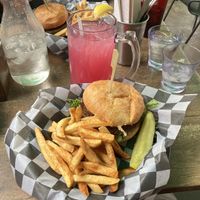 Emerald (Impossible) burger, fries, prickly pear lemonade   at Zion Brewery in Springdale