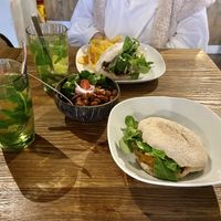 Yemaya’s burger, portion tempeh, vegan pom at Yemaya's Vegan Corner in Amsterdam