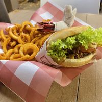 Burger and seasoned curly fries  at Goy's Plant-Based Burgers - Álvaro Obregón in Mexico City