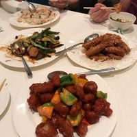 Sweet & sour pork, honey chicken, black bean beef (half eaten) and combination fried rice. at Easy House in Gold Coast