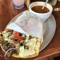 Roasted eggplant flatbread sammich with farmer’s market soup  at Tommyknocker's in Port Townsend
