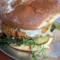 Vegan crab cake burger with vegan mozzarella at Tommyknocker's in Port Townsend