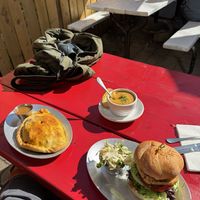 veggie soup, vindaloo pasty, vegan crab cake sandwich  at Tommyknocker's in Port Townsend