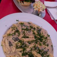 Vegan crab-cake Sammy with slaw and the vegan mushroom stroganoff at Tommyknocker's in Port Townsend