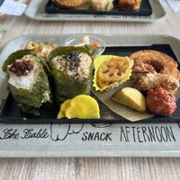 Daily lunch plate with brown rice and ginger miso rice balls  at Fete le Marche in Kawasaki