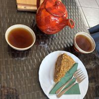Chocolate rooibos tea and vegan ‘Marlenka’ cake  at Cafe Nateeva in Prievidza
