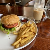 Burger and fries, with a milky kahlua   at Mahina Vegan Table in Seoul