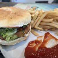 Vegan veggie burger with fries I got to-go  at Farmer's Daughters' Drive In in Saratoga Springs