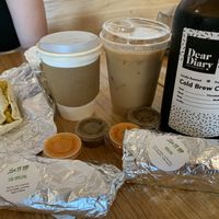 Our coffees and breakfast tacos at Dear Diary Coffeehouse in Austin