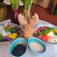 Teriyaki tofu and avocado poke bowls. Currant & rhubarb homemade sodas. at Holy Nosh Deli in Kassel