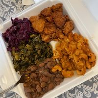 Orange chick’n, Mac, butter beans, collards, cabbage  at A Peace of Soul in Columbia