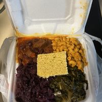 Chorizo, Mac and cheese, purple cabbage and collard greens   at A Peace of Soul in Columbia