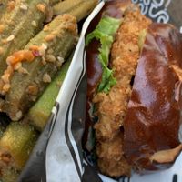“Chicken” sandwich, okra, purple cabbage  at A Peace of Soul in Columbia