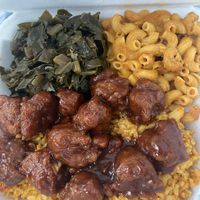 Soy nuggets, Mac and cheese, collards, and brown rice.  at A Peace of Soul in Columbia