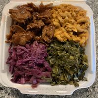 Collards, purple cabbage, Mac, and ribs  at A Peace of Soul in Columbia