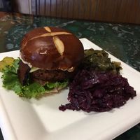 ";bacon cheese burger"; with veg sides at A Peace of Soul in Columbia