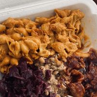 Mac n Cheese, Purple Cabbage, Black Eyed Peas, Rib Tips. $16 at time of posting.  at A Peace of Soul in Columbia