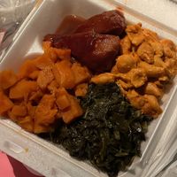Meat & 3 plate 
Collard greens, yams and Mac + cheese with bbq chicken at A Peace of Soul in Columbia