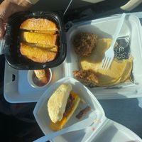 French toast, chicken and pancake and sausage, egg and cheese biscuit.  at A Peace of Soul in Columbia