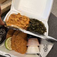 Vegan fish fry! Mac and collard greens   at A Peace of Soul in Columbia
