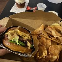 Mac n cheese burger and red velvet cupcake ❤️ at Green Gene Vegan Cafe in Albuquerque
