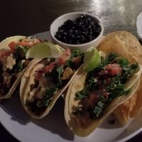 Jackfruit, seitan, fried avocado tacos. Come with a side of BB at Kale My Name in Chicago