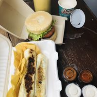 Beyond meat burger upside down  at Dulcinea Café Vintage in Cali