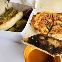 delivery pizza and Beyond meat sausage hot dog, Go Beyond!  at Dulcinea Café Vintage in Cali