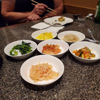 Kimchi assortment with a Main dish at Soban Korean Cuisine in Petaluma
