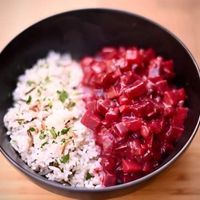Creamy beetroot stew with rice on weekly changing lunch menu at The Street  in Prague