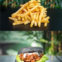 Air fried chips and The Black burger with pulled jackfruit at Five Buns in South East London
