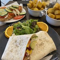 Smoked tofu wrap, polenta & bruschetta.  at Tavila Cafe in Tavira