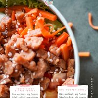 TEMPEH : 
🥗 Vegan honey roasted Tempeh dices & fresh veggies on a base of rice or salad.
Rice (370 Kcal -  20g Prot)
Salad (170 Kcal - 15g prot)
Come try it out 🤤  at Fit Bowl Bali in Kuta