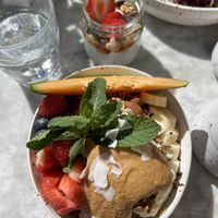 Great smoothie bowl with vegan protein powder and a chocolate-peanut-y chia pudding   at BodyBuddy in Stockholm