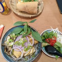 Pho soup with rice noodles, shiitake, green beans, red onions, bean sprouts and fresh herbs (spring onions, thai basil, cilantro & mint) at Banh Mi in Antwerpen