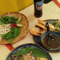 Silky eggplant on the right, tofu pho in the middle and extras on the left. at Banh Mi in Antwerpen
