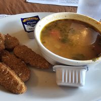 Chick'n tenders with side of Vegan soup with rice at Queens Coach in Niagara Falls