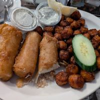 Fish and chips, substitution sweet potato tots at Queens Coach in Niagara Falls