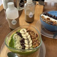 matcha bowl, blueberry bowl, mocha drink and almond choco drink  at Liquid Prana in Playa Del Carmen