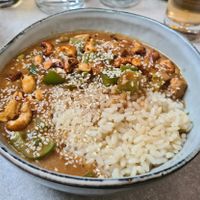 The dish "kinesen" with tofu, vegetables and roasted cashews. Served with rice. at Skrymslet Under Trappan in Norrkoping